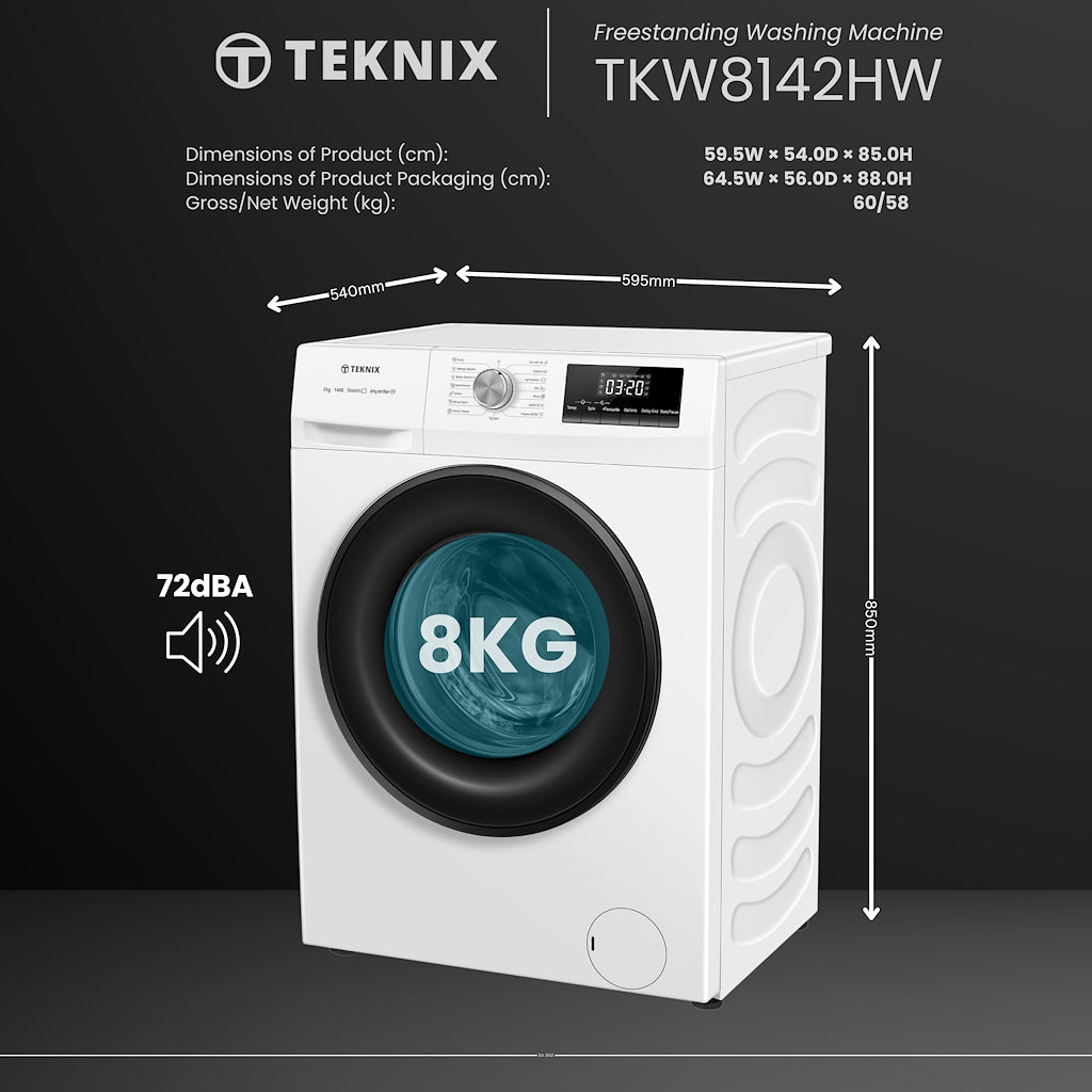 Teknix TK2W814HW 8kg Washing Machine with 1400rpm Spin - White